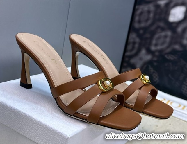Hot Style Dior Or 30M Heeled Slides Sandal 8cm in Calfskin Leather with CD Pearl Brown 0302072