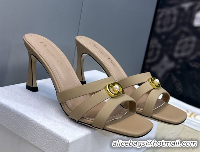 Grade Dior Or 30M Heeled Slides Sandal 8cm in Calfskin Leather with CD Pearl Beige 2026 0302073