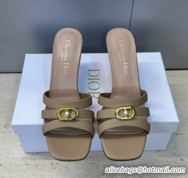 Grade Dior Or 30M Heeled Slides Sandal 8cm in Calfskin Leather with CD Pearl Beige 2026 0302073