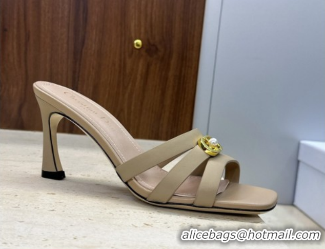 Grade Dior Or 30M Heeled Slides Sandal 8cm in Calfskin Leather with CD Pearl Beige 2026 0302073