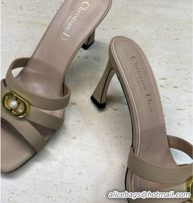 Grade Dior Or 30M Heeled Slides Sandal 8cm in Calfskin Leather with CD Pearl Beige 2026 0302073
