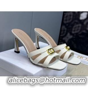 Good Quality Dior Or 30M Heeled Slides Sandal 8cm in Calfskin Leather with CD Pearl White 0302075