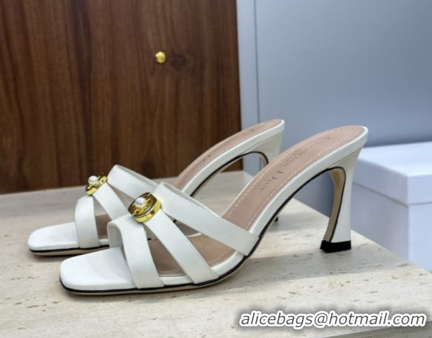 Good Quality Dior Or 30M Heeled Slides Sandal 8cm in Calfskin Leather with CD Pearl White 0302075