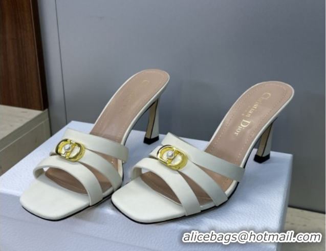 Good Quality Dior Or 30M Heeled Slides Sandal 8cm in Calfskin Leather with CD Pearl White 0302075