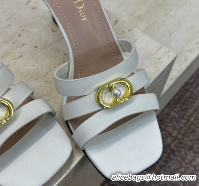 Good Quality Dior Or 30M Heeled Slides Sandal 8cm in Calfskin Leather with CD Pearl White 0302075