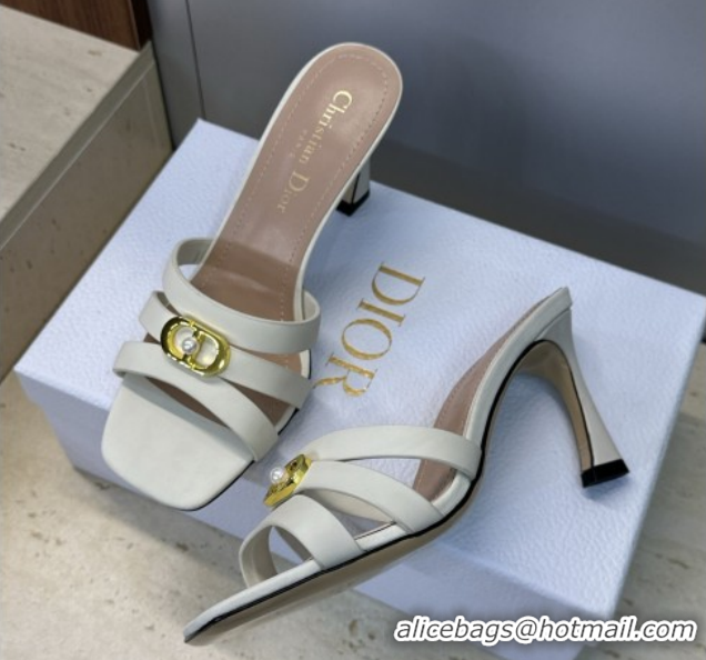 Good Quality Dior Or 30M Heeled Slides Sandal 8cm in Calfskin Leather with CD Pearl White 0302075