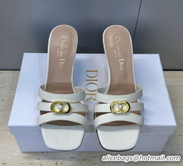 Good Quality Dior Or 30M Heeled Slides Sandal 8cm in Calfskin Leather with CD Pearl White 0302075