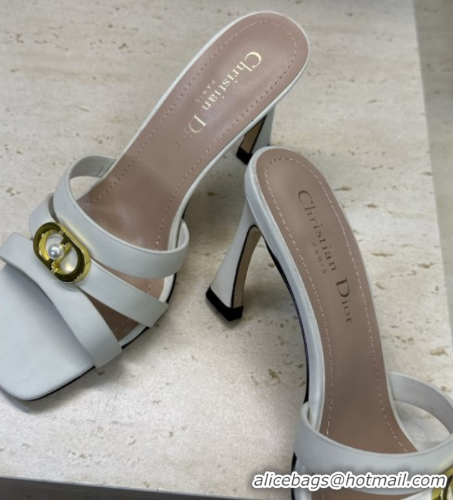 Good Quality Dior Or 30M Heeled Slides Sandal 8cm in Calfskin Leather with CD Pearl White 0302075