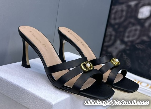 Cheap Price Dior Or 30M Heeled Slides Sandal 8cm in Calfskin Leather with CD Pearl Black 0302076