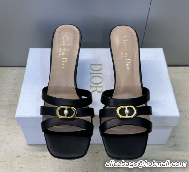 Cheap Price Dior Or 30M Heeled Slides Sandal 8cm in Calfskin Leather with CD Pearl Black 0302076