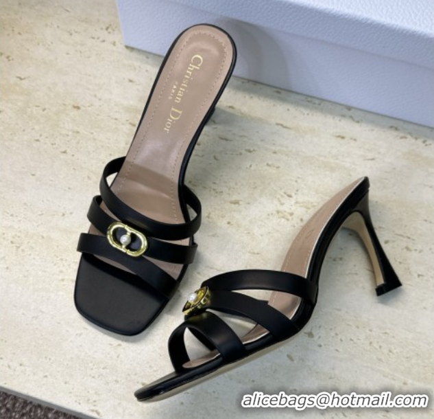 Cheap Price Dior Or 30M Heeled Slides Sandal 8cm in Calfskin Leather with CD Pearl Black 0302076