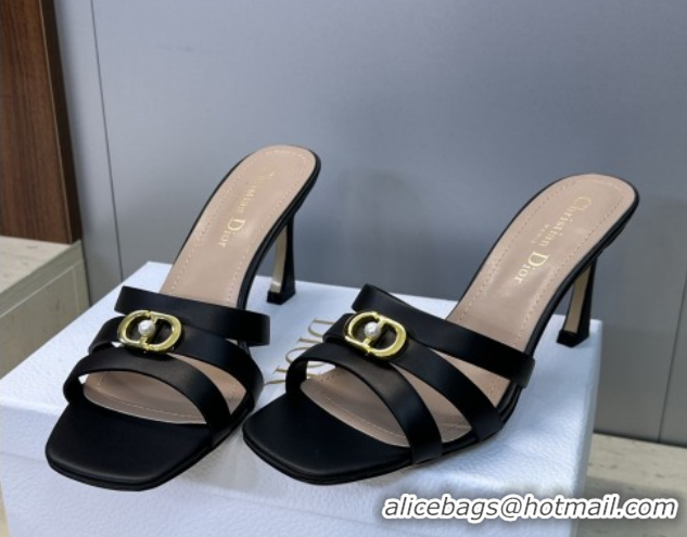 Cheap Price Dior Or 30M Heeled Slides Sandal 8cm in Calfskin Leather with CD Pearl Black 0302076