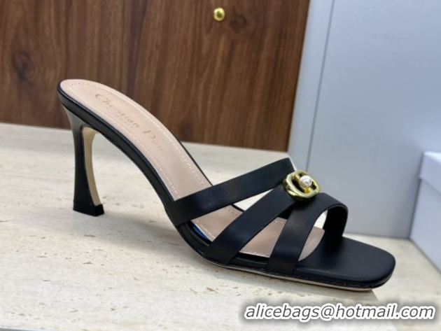 Cheap Price Dior Or 30M Heeled Slides Sandal 8cm in Calfskin Leather with CD Pearl Black 0302076