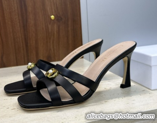 Cheap Price Dior Or 30M Heeled Slides Sandal 8cm in Calfskin Leather with CD Pearl Black 0302076