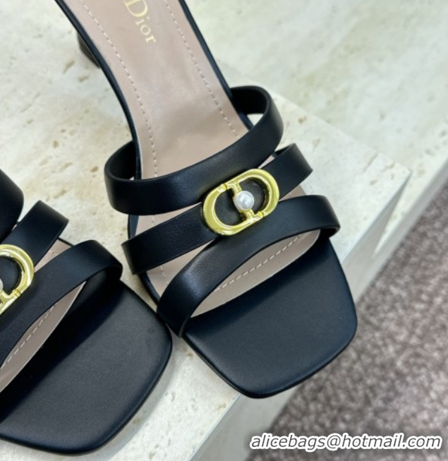 Cheap Price Dior Or 30M Heeled Slides Sandal 8cm in Calfskin Leather with CD Pearl Black 0302076