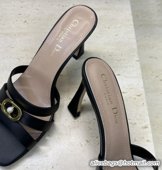 Cheap Price Dior Or 30M Heeled Slides Sandal 8cm in Calfskin Leather with CD Pearl Black 0302076