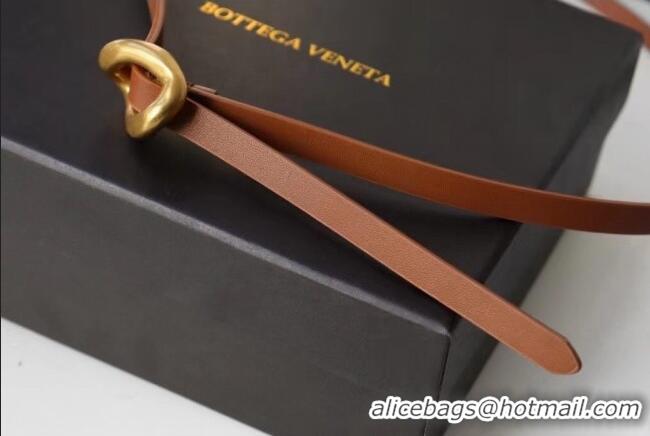 Luxury Cheap Bottega Veneta Calfskin Leather Belt 1cm with Knot Buckle 0725 Tan Brown 2025