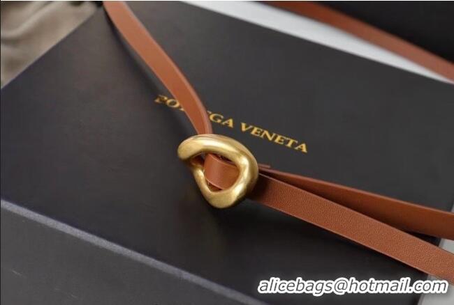 Luxury Cheap Bottega Veneta Calfskin Leather Belt 1cm with Knot Buckle 0725 Tan Brown 2025
