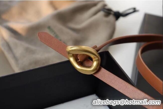 Luxury Cheap Bottega Veneta Calfskin Leather Belt 1cm with Knot Buckle 0725 Tan Brown 2025