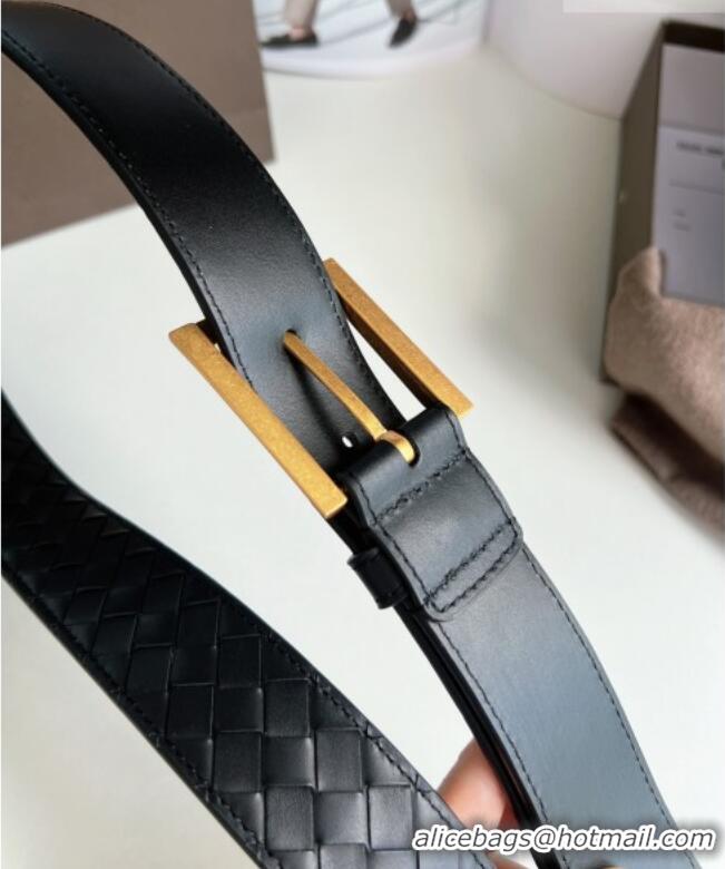 Luxury Discount Bottega Veneta Intreccio Loop Belt 3.5cm BV111701 Black/Gold 2025