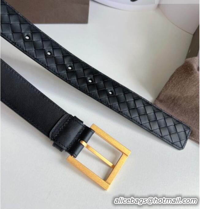 Luxury Discount Bottega Veneta Intreccio Loop Belt 3.5cm BV111701 Black/Gold 2025