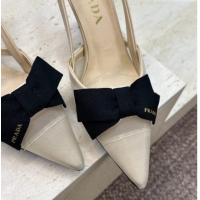 Grade Quality Prada Mesh fabric slingbacks pump 7.5cm with bow Beige 1I308O 0227090
