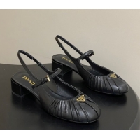Pretty Style Prada Pleated Leather Slingbacks Pumps 4cm Black PR022701 0227092