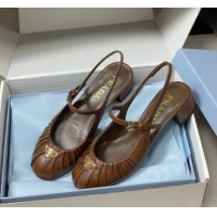 Shop Cheap Prada Pleated Leather Slingbacks Pumps 4cm Dark Brown PR022701 0227093