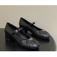 Unique Style Prada Pleated Leather Mary Janes Pumps 4cm Black PR022701 0227096