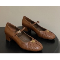 Good Looking Prada Pleated Leather Mary Janes Pumps 4cm Dark Brown PR022701 0227097