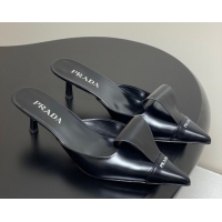 Discount Prada Brushed Leather Heel Mules 5cm Black PR022702 0227101