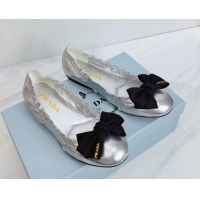Best Grade Prada Nappa leather ballerinas flat with bow Silver 1F322O 0227119
