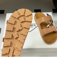 Shop Cheap Prada Leather Flat Slides Sandal with Double Buckle Brown PR022803 0228038