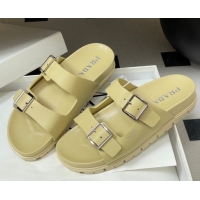 Perfect Prada Leather Flat Slides Sandal with Double Buckle Yellow PR022803 0228039