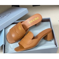 Pretty Style Prada Leather Heel Slides Sandal 3.5cm with Strap Brown 1XX781 0228042