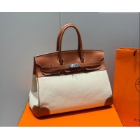 Top Design Hermes Birkin 35cm Bag in Canvas and Swift Calfskin Leather H0035 Brown/Silver 2026