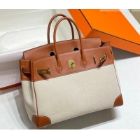Best Quality Hermes Birkin 35cm Bag in Canvas and Swift Calfskin Leather H0035 Brown/Gold 2026