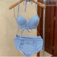 ​Luxury Discount Miu Miu Straiped Bikini with Lace-up 0723 Blue 2025