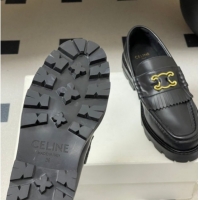 Luxury Discount Celine Calfskin Leather Platform Loafers with Logo Fringe Black 0227049 2026