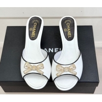 Unique Style Chanel Calfskin Leather Heel Slides Sandal with Strass Bow CH0306021 White 2026