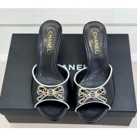 Good Looking Chanel Calfskin Leather Heel Slides Sandal with Strass Bow CH0306021 Black 2026
