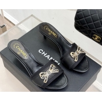 Grade Quality Chanel Calfskin Leather Heel Slides Sandal with Strass Bow CH0306022 Black 2026
