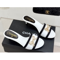 Pretty Style Chanel Calfskin Leather Heel Slides Sandal with Strass Bow CH0306022 White 2026