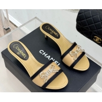 Charming Chanel Calfskin Leather Heel Slides Sandal with Strass Bow CH0306022 Beige 2026