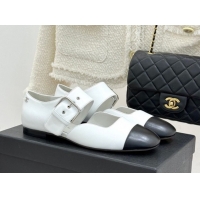 Stylish Chanel Lambskin Leather and Grosgrain Mary Janes Ballet Flats G47028 White 2026