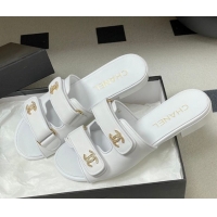 Luxurious Chanel Lambskin Leather Flat Slides Sandal with Strass and Strap G47043 White 2026