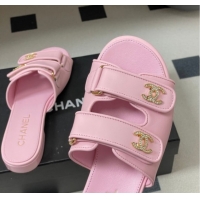 Low Price Chanel Lambskin Leather Flat Slides Sandal with Strass and Strap G47043 Pink 2026