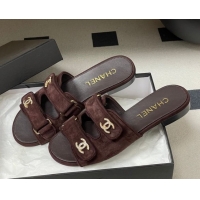 Best Grade Chanel Suede Flat Slides Sandal with Strass and Strap G47043 Dark Brown 2026