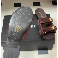 Best Grade Chanel Suede Flat Slides Sandal with Strass and Strap G47043 Dark Brown 2026