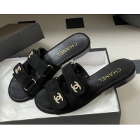 Hot Style Chanel Suede Flat Slides Sandal with Strass and Strap G47043 Black 2026